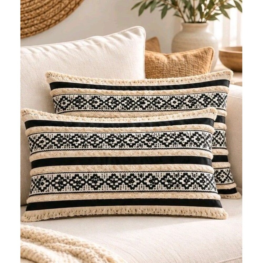 The HomeCentric Pillow Covers Set of 2 12x20 Linen Black Ivory Boho Woven Fringe